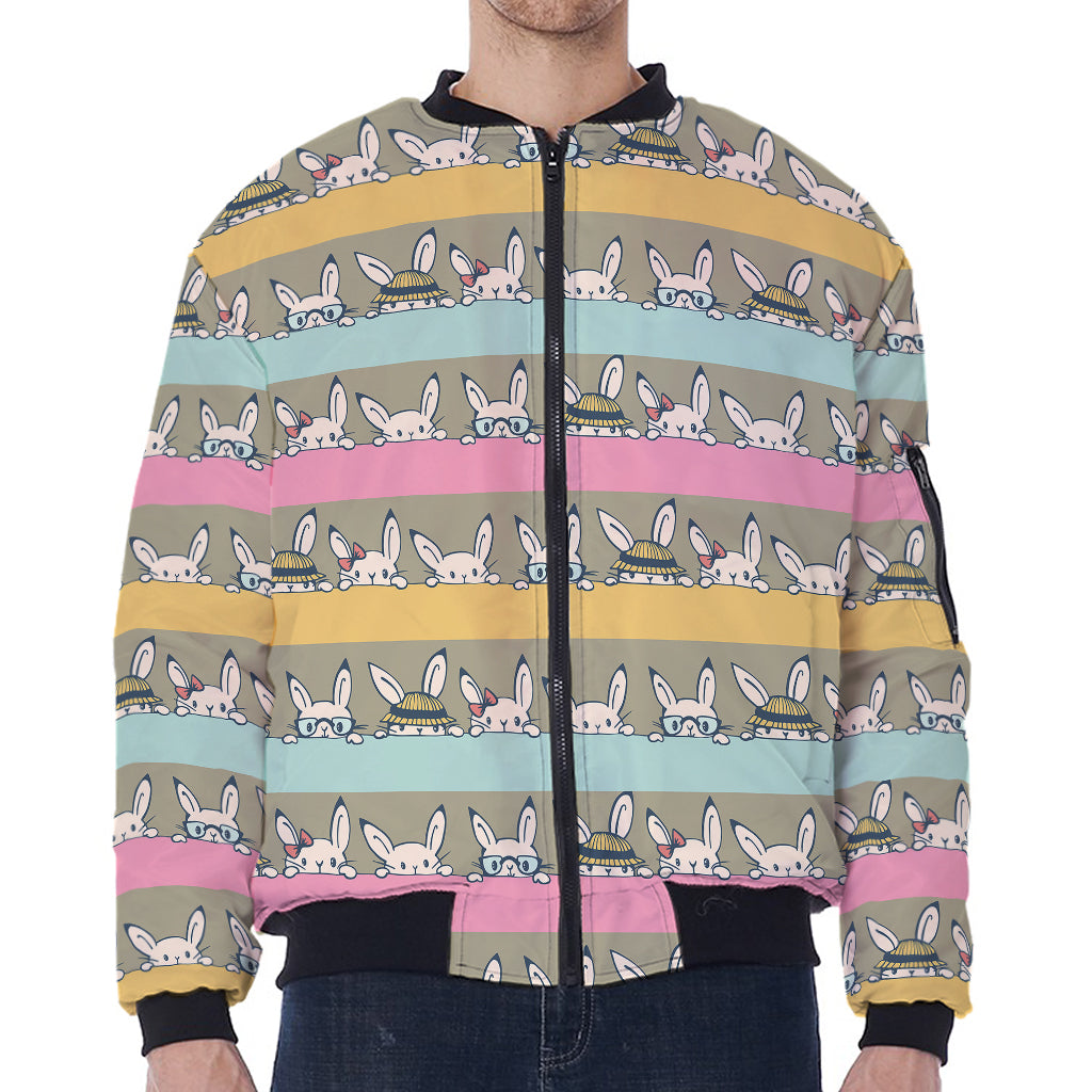 Cartoon Rabbit Pattern Print Zip Sleeve Bomber Jacket