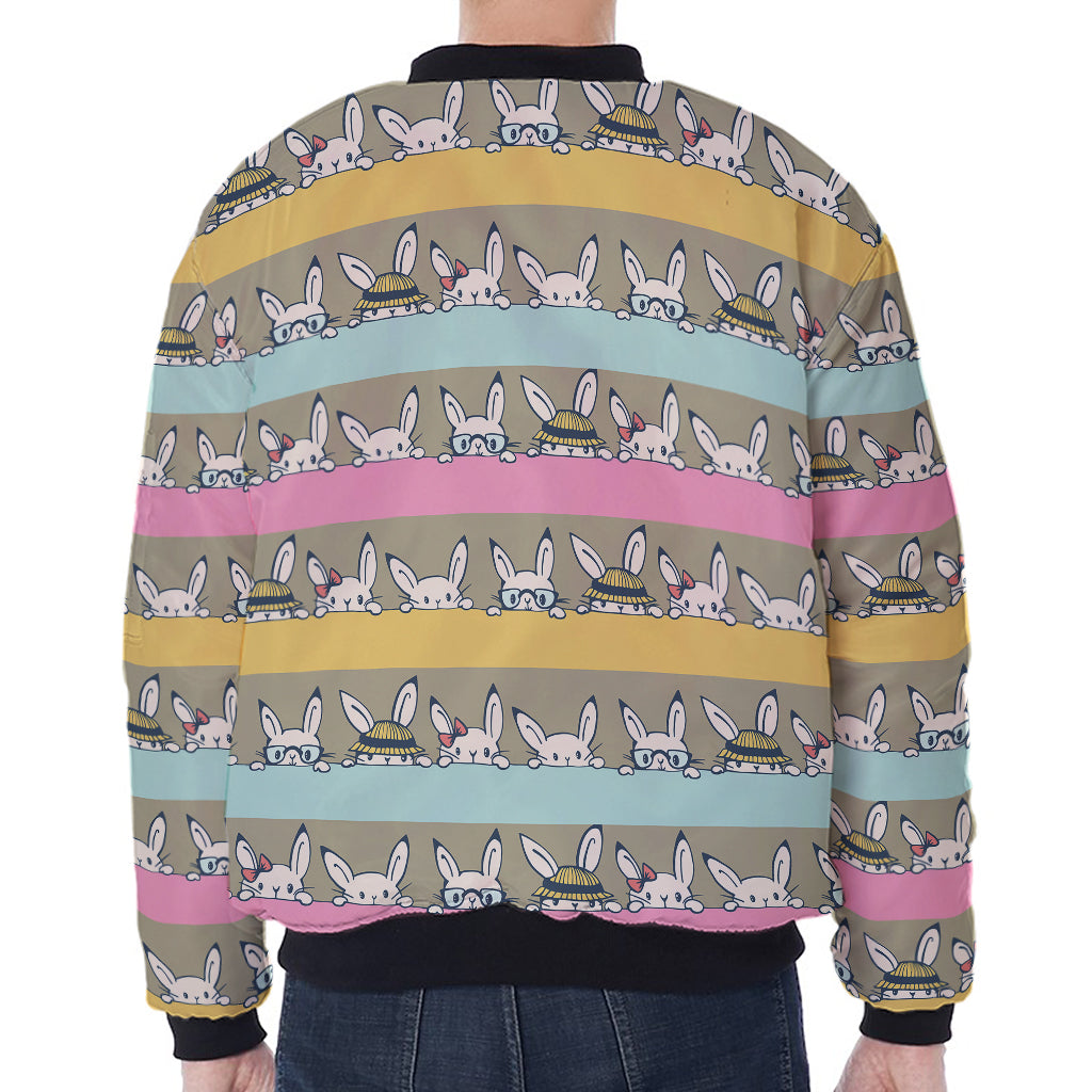 Cartoon Rabbit Pattern Print Zip Sleeve Bomber Jacket