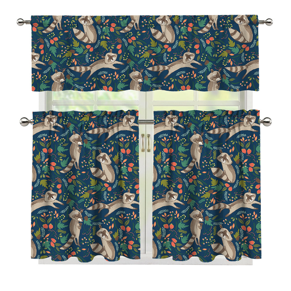 Cartoon Raccoon Pattern Print 3 Piece Kitchen Curtains