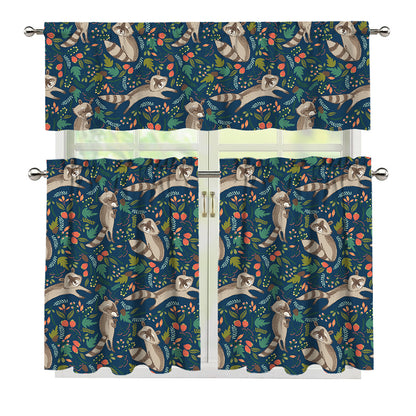 Cartoon Raccoon Pattern Print 3 Piece Kitchen Curtains