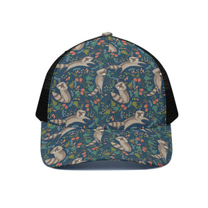 Cartoon Raccoon Pattern Print Black Mesh Trucker Cap