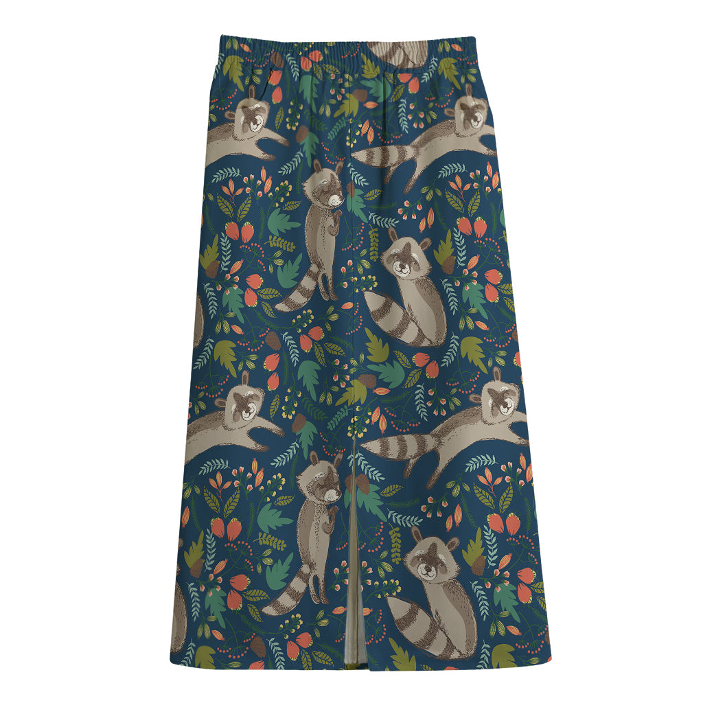 Cartoon Raccoon Pattern Print Cotton Front Slit Maxi Skirt