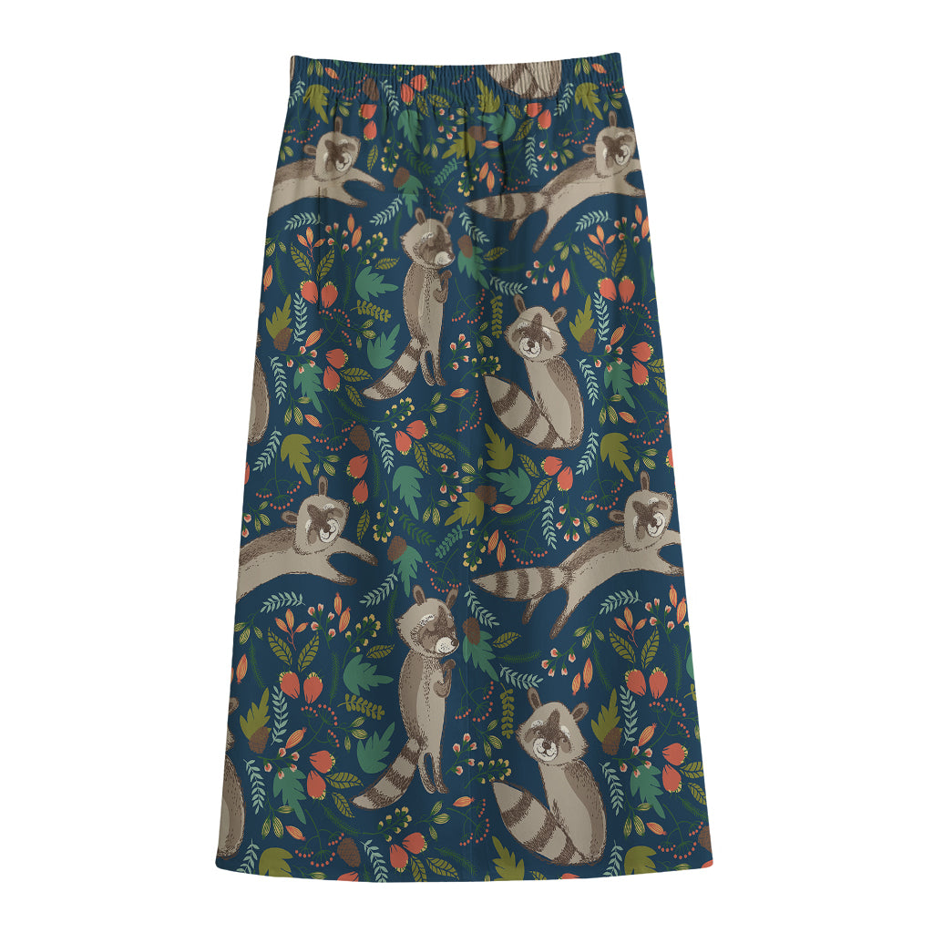 Cartoon Raccoon Pattern Print Cotton Front Slit Maxi Skirt