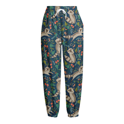 Cartoon Raccoon Pattern Print Fleece Lined Knit Pants