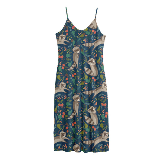 Cartoon Raccoon Pattern Print Jersey Midi Cami Dress