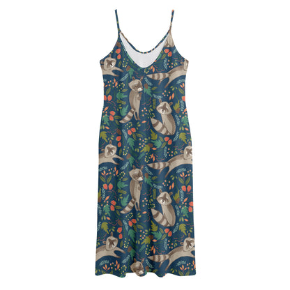 Cartoon Raccoon Pattern Print Jersey Midi Cami Dress
