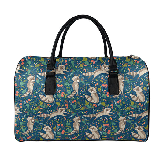 Cartoon Raccoon Pattern Print Leather Duffle Bag