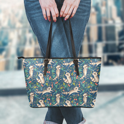 Cartoon Raccoon Pattern Print Leather Tote Bag