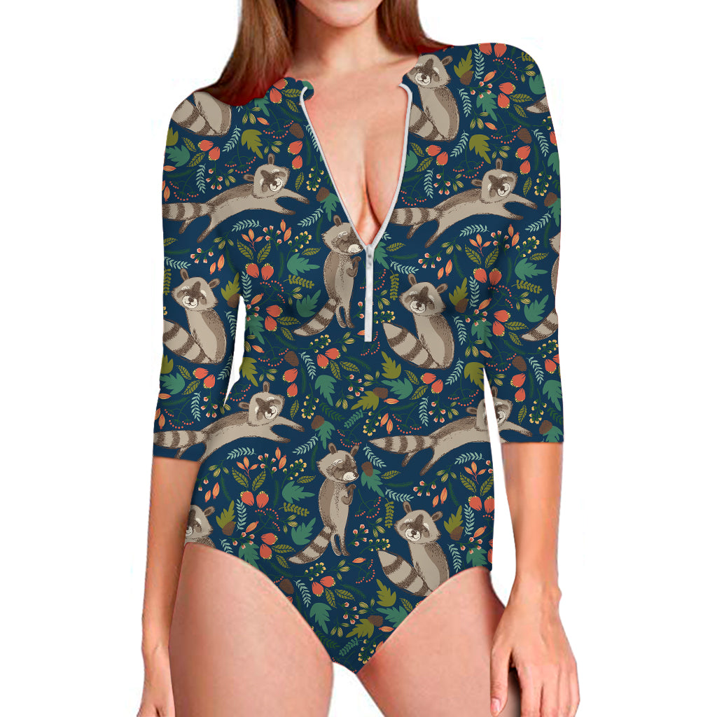 Cartoon Raccoon Pattern Print Long Sleeve Swimsuit