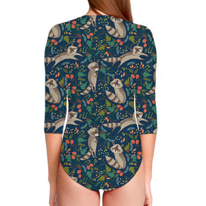 Cartoon Raccoon Pattern Print Long Sleeve Swimsuit