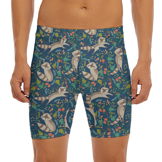 Cartoon Raccoon Pattern Print Men's Long Boxer Briefs