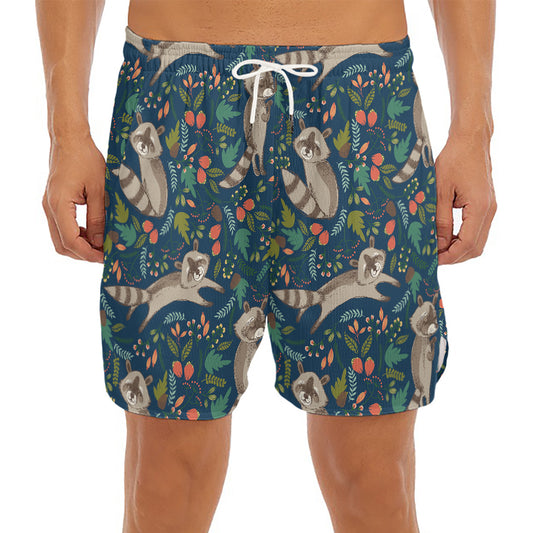 Cartoon Raccoon Pattern Print Men's Split Running Shorts