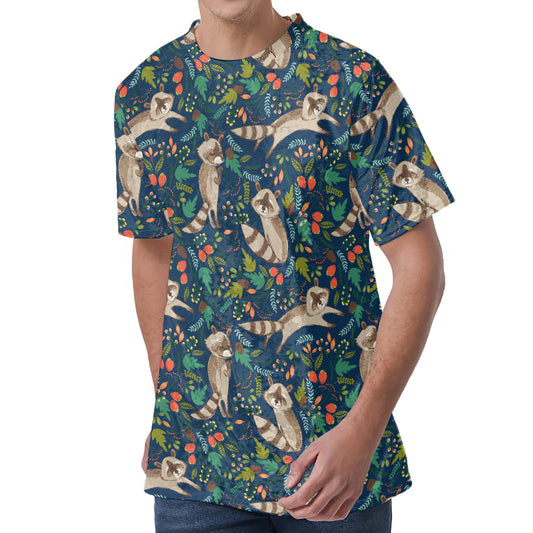 Cartoon Raccoon Pattern Print Men's Velvet T-Shirt