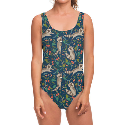 Cartoon Raccoon Pattern Print One Piece Swimsuit