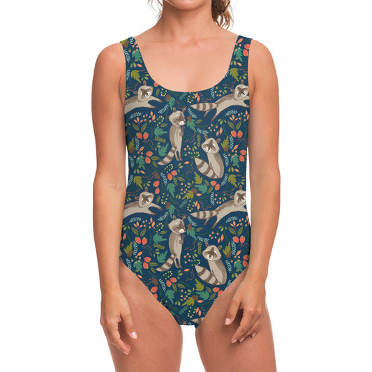 Cartoon Raccoon Pattern Print One Piece Swimsuit