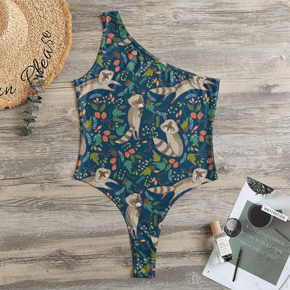 Cartoon Raccoon Pattern Print One Shoulder Bodysuit