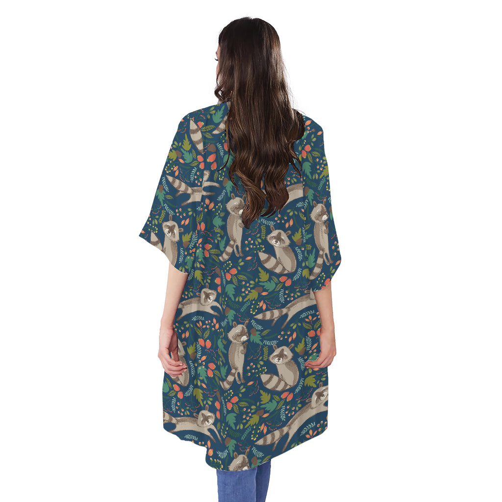 Cartoon Raccoon Pattern Print Open Front Beach Cover Up
