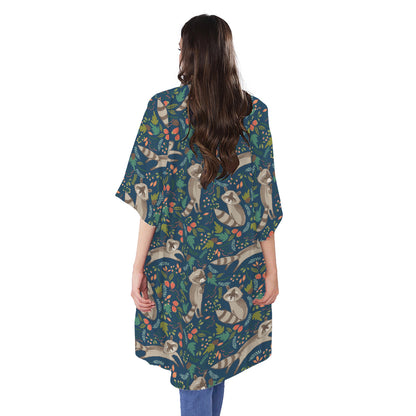 Cartoon Raccoon Pattern Print Open Front Beach Cover Up