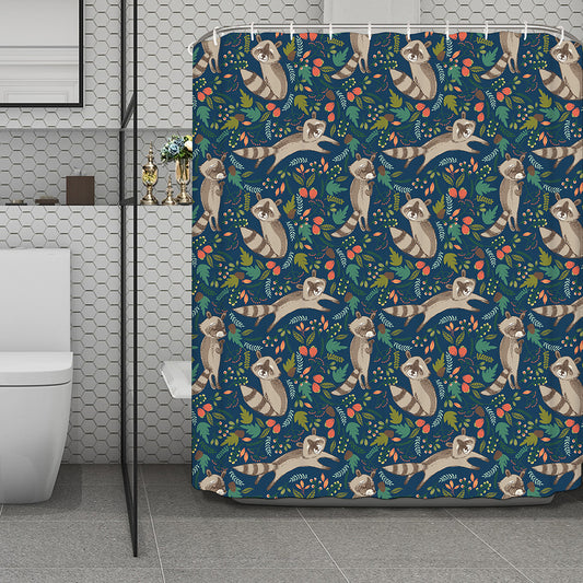 Cartoon Raccoon Pattern Print Polyester Shower Curtain