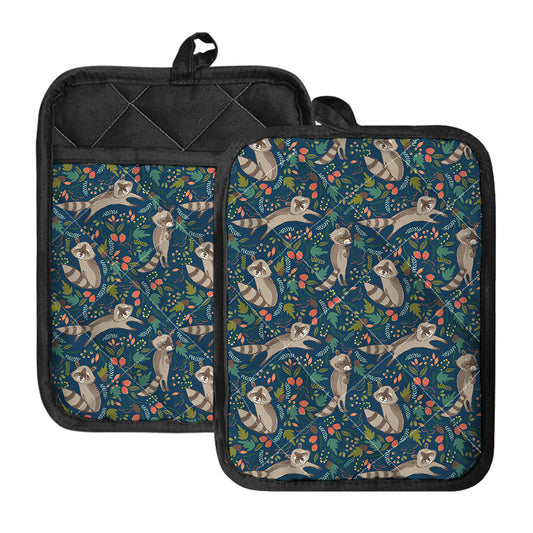Cartoon Raccoon Pattern Print Pot Holders With Pocket