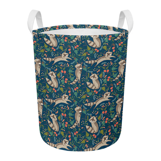 Cartoon Raccoon Pattern Print Round Laundry Basket