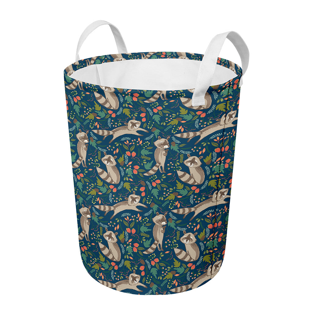 Cartoon Raccoon Pattern Print Round Laundry Basket