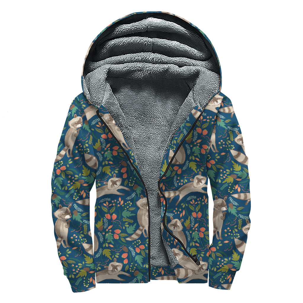 Cartoon Raccoon Pattern Print Sherpa Lined Zip Up Hoodie