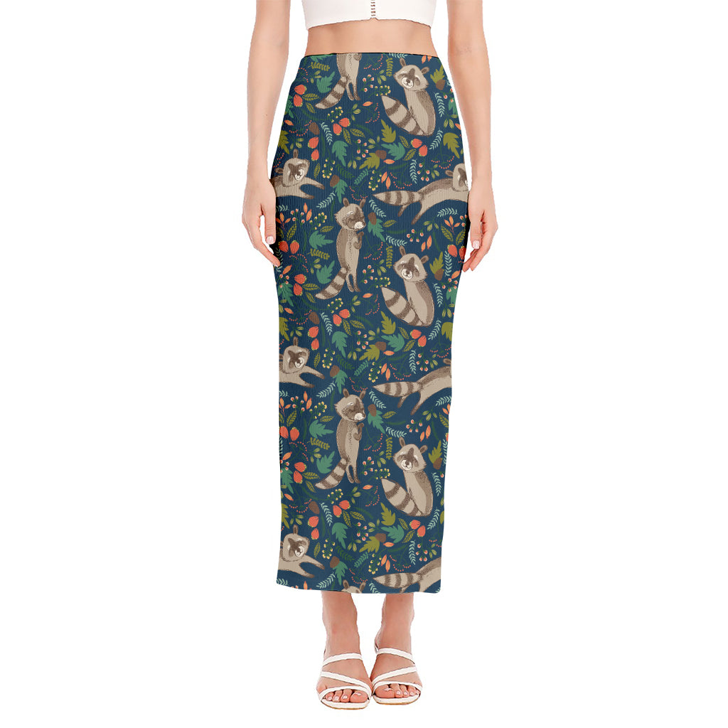 Cartoon Raccoon Pattern Print Side Slit Maxi Skirt