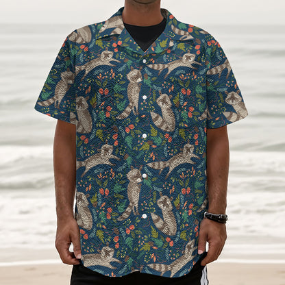 Cartoon Raccoon Pattern Print Textured Short Sleeve Shirt