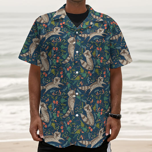 Cartoon Raccoon Pattern Print Textured Short Sleeve Shirt