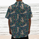 Cartoon Raccoon Pattern Print Textured Short Sleeve Shirt