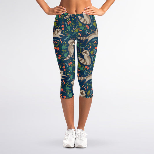 Cartoon Raccoon Pattern Print Women's Capri Leggings