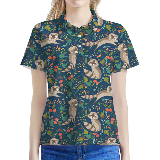 Cartoon Raccoon Pattern Print Women's Polo Shirt