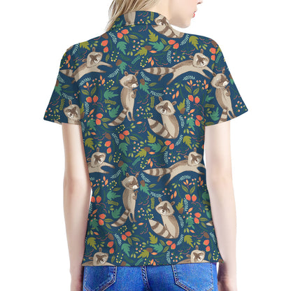 Cartoon Raccoon Pattern Print Women's Polo Shirt