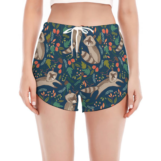 Cartoon Raccoon Pattern Print Women's Split Running Shorts