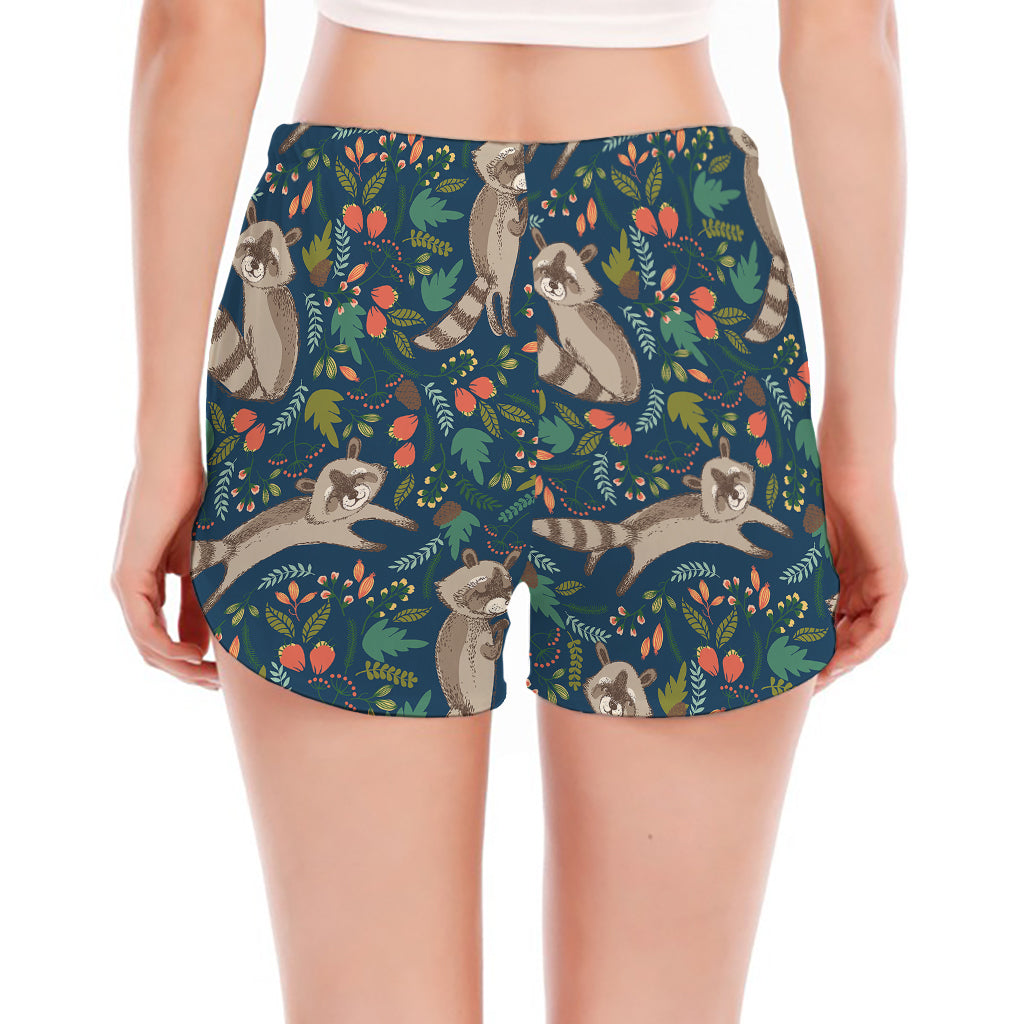 Cartoon Raccoon Pattern Print Women's Split Running Shorts
