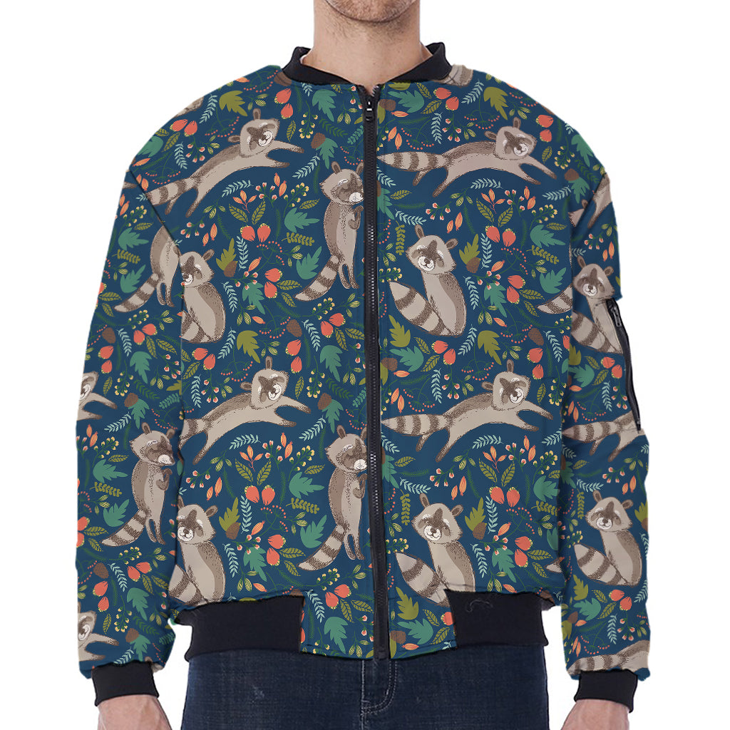 Cartoon Raccoon Pattern Print Zip Sleeve Bomber Jacket