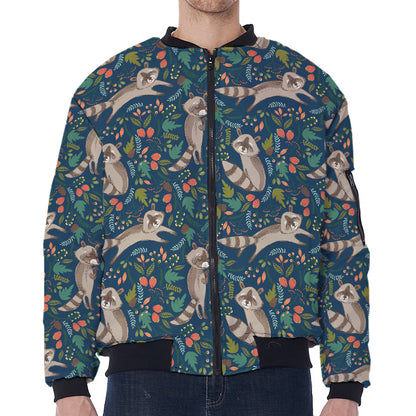 Cartoon Raccoon Pattern Print Zip Sleeve Bomber Jacket