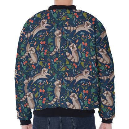 Cartoon Raccoon Pattern Print Zip Sleeve Bomber Jacket