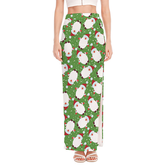 Cartoon Santa Claus Pattern Print High Slit Maxi Skirt