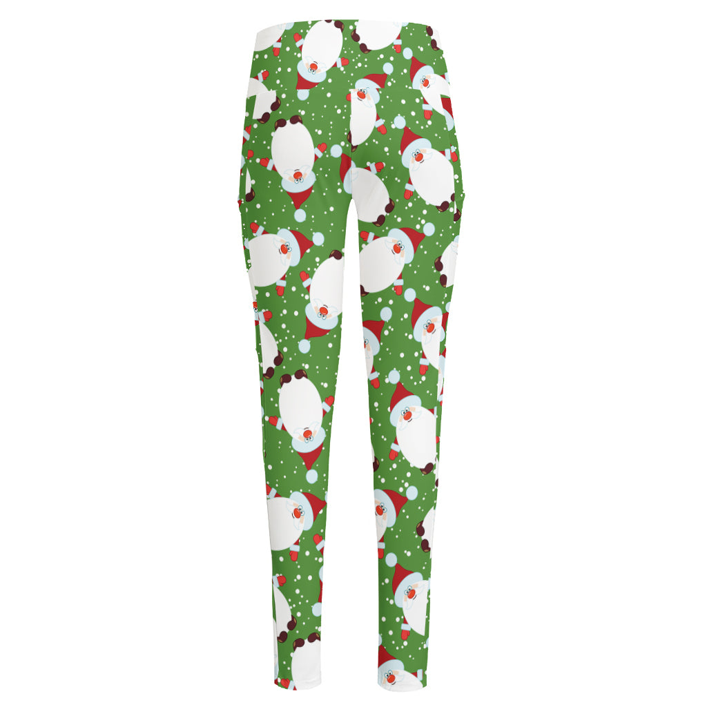 Cartoon Santa Claus Pattern Print High-Waisted Pocket Leggings
