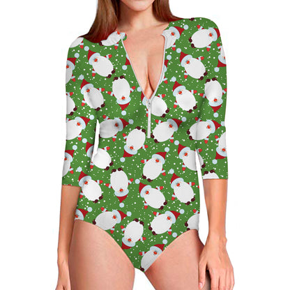 Cartoon Santa Claus Pattern Print Long Sleeve Swimsuit