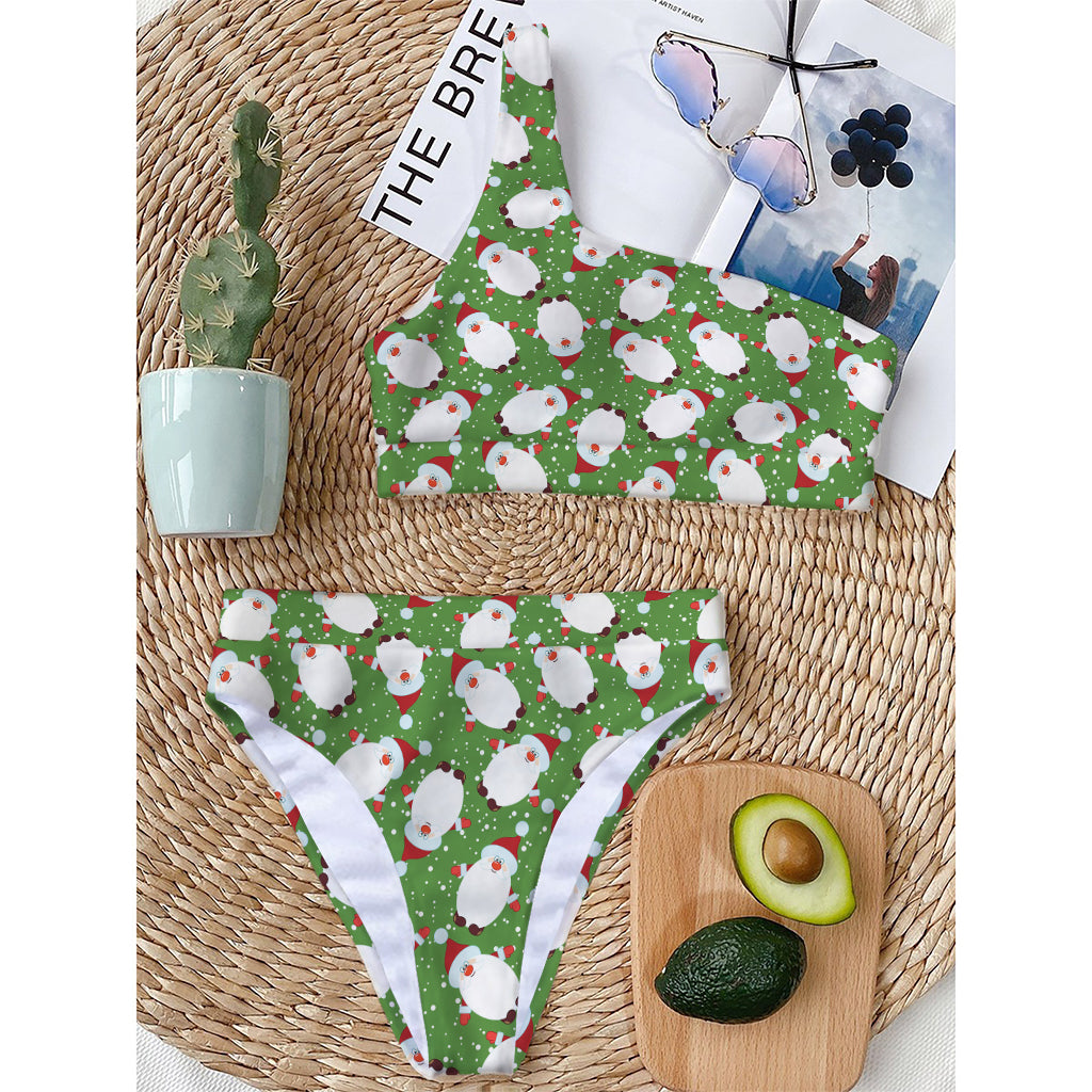 Cartoon Santa Claus Pattern Print One Shoulder Bikini Top