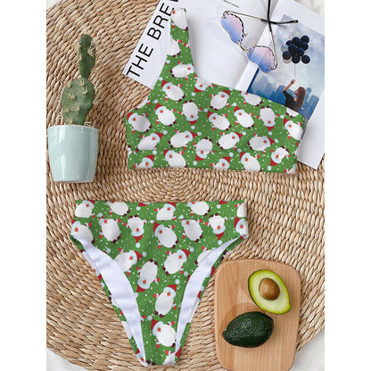 Cartoon Santa Claus Pattern Print One Shoulder Bikini Top