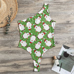 Cartoon Santa Claus Pattern Print One Shoulder Bodysuit