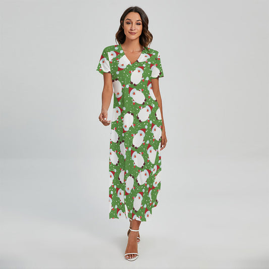 Cartoon Santa Claus Pattern Print Short Sleeve Maxi Dress