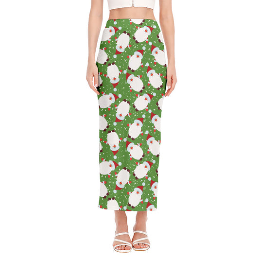 Cartoon Santa Claus Pattern Print Side Slit Maxi Skirt