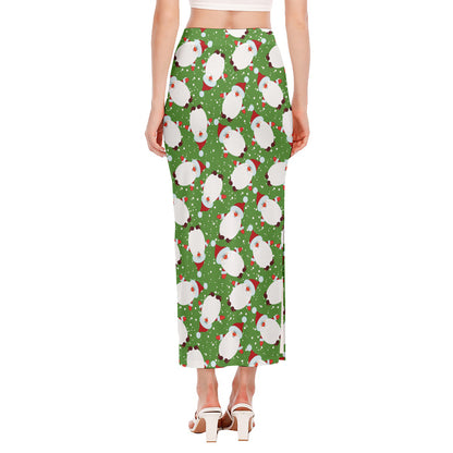 Cartoon Santa Claus Pattern Print Side Slit Maxi Skirt
