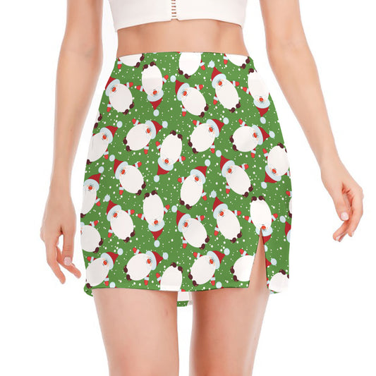 Cartoon Santa Claus Pattern Print Side Slit Mini Skirt