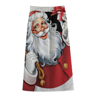 Cartoon Santa Claus Print Cotton Front Slit Maxi Skirt